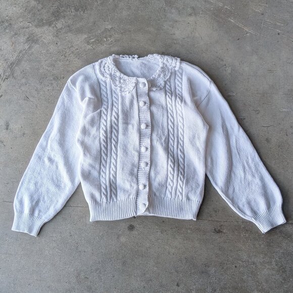 Vintage White Knit Crochet Collar Long Sleeve Cardigan Sweater - Picture 1 of 6